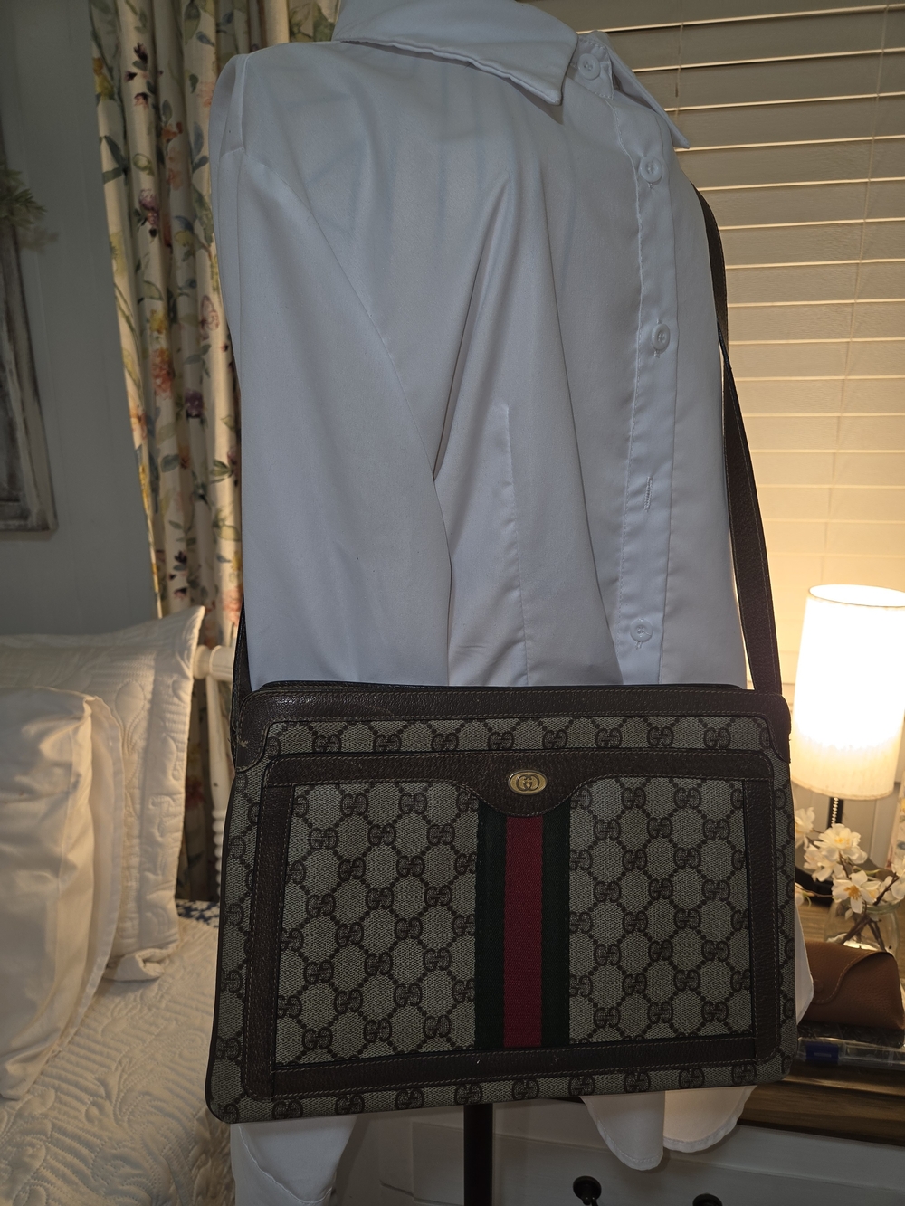 Gucci Brown GG Supreme Messenger Bag with Web Stripe